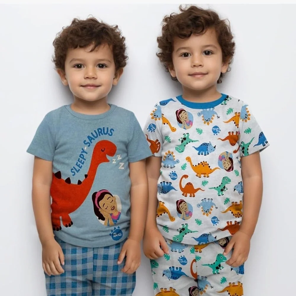 Ms. Rachel Kids 4-Piece Pajama Set Sleepy Saurus Dinosaur GinghamBlue Multicolor